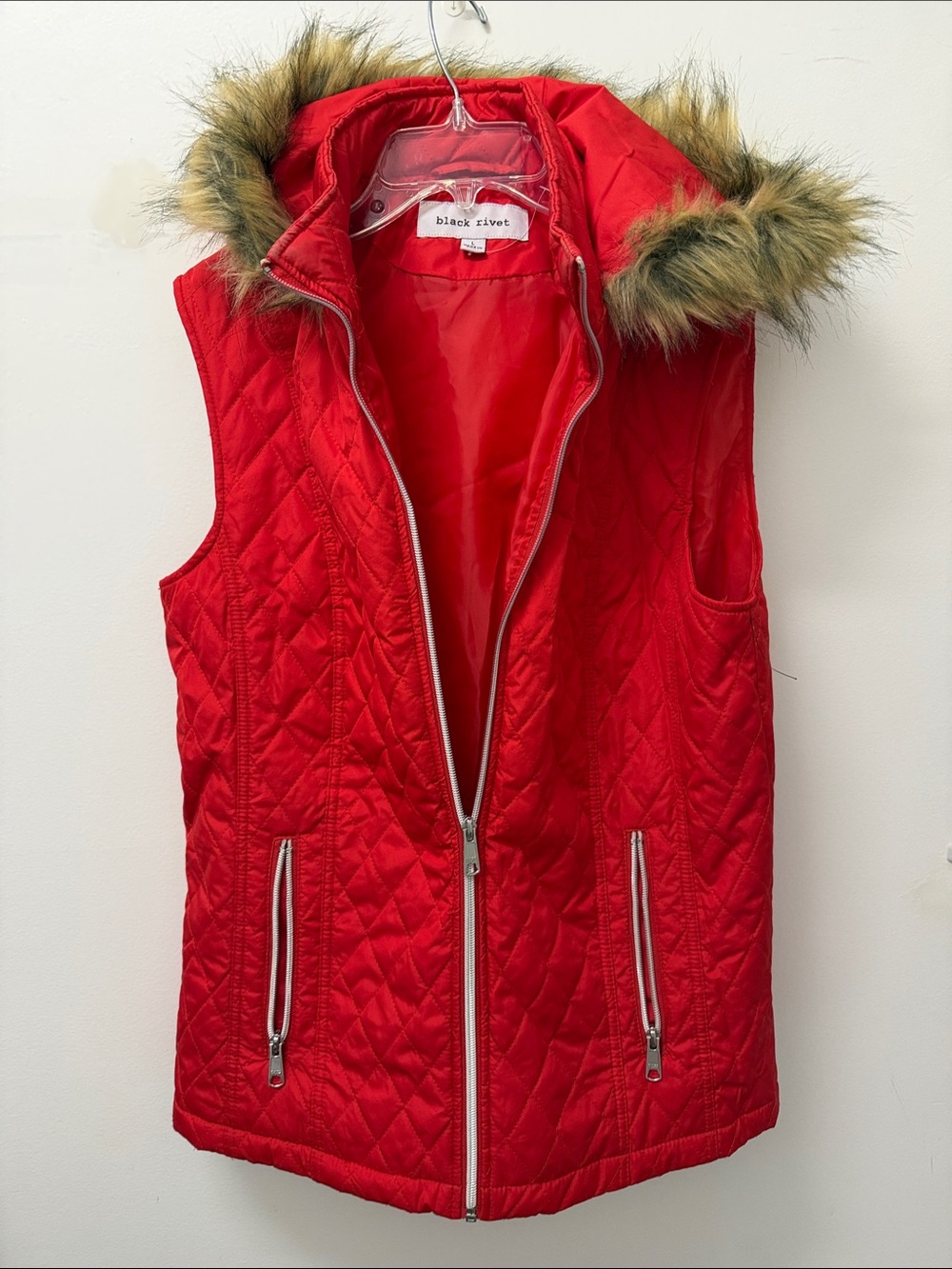Black Rivet Red Quilted Hooded Vest with Faux-Fur Trim